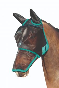 Hy Equestrian Mesh Full Mask with Ears and Nose-Black/Teal-Pony -  HY