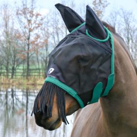 Hy Equestrian Mesh Half Mask With Ears and Fringe-Black - Teal-Cob -  HY