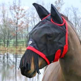 Hy Equestrian Mesh Half Mask With Ears and Fringe-Black - Red-Pony -  HY