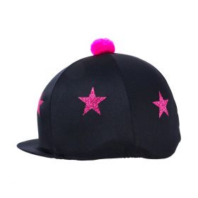 HyFASHION Pom Pom Hat Cover with Glitter Star Pattern Black - Cerise