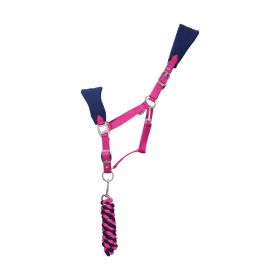Hy Equestrian Belton Fleece Head Collar and Lead Rope Set - Navy and Pink -  HY