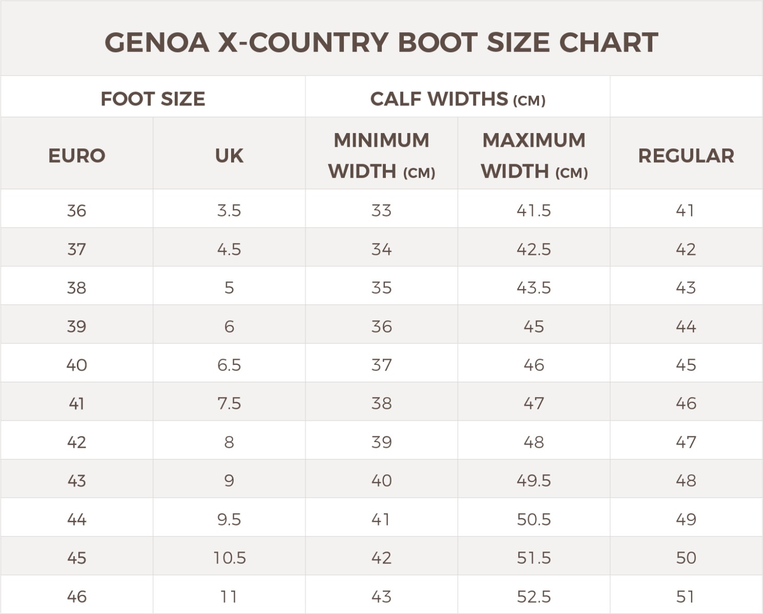 Brogini Riding Boots Size Chart