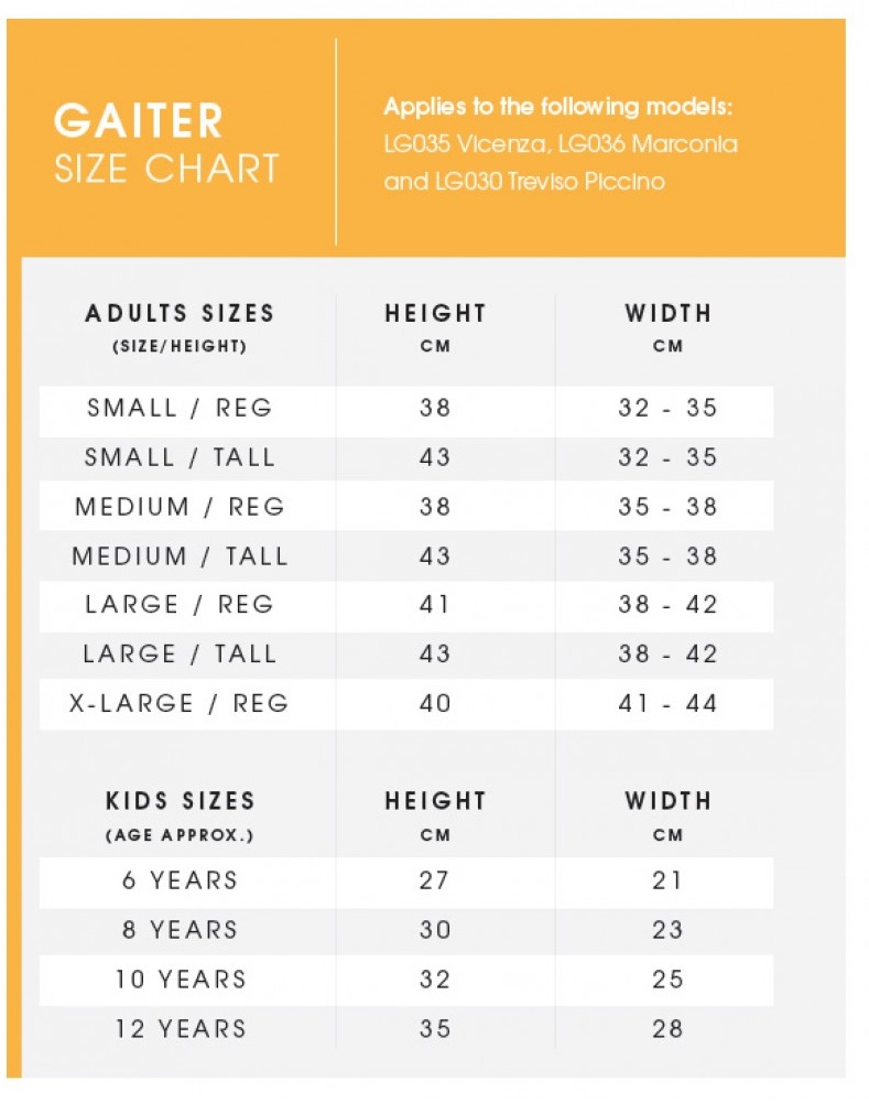 Brogini Gaiter Size Chart