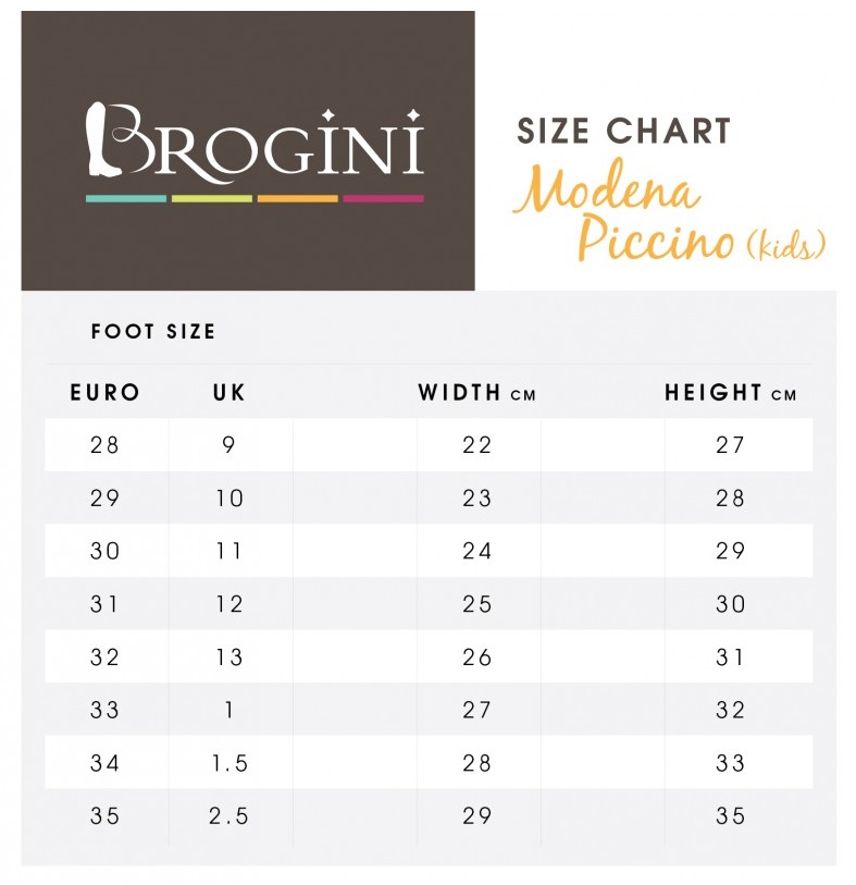 Brogini MOdena Piccino Kids Size Chart