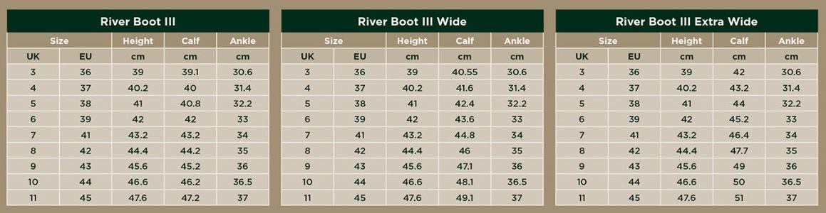 Dublin River Boots III size chart